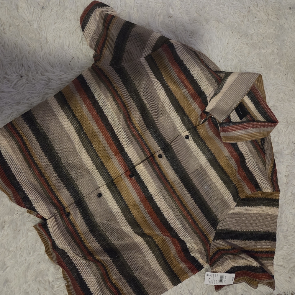 Striped button-up shirt in cream, olive, rust, black
